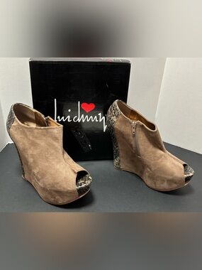 Luichiny Taupe Suede Python Print Peep Toe Platform Wedge Booties Size 8